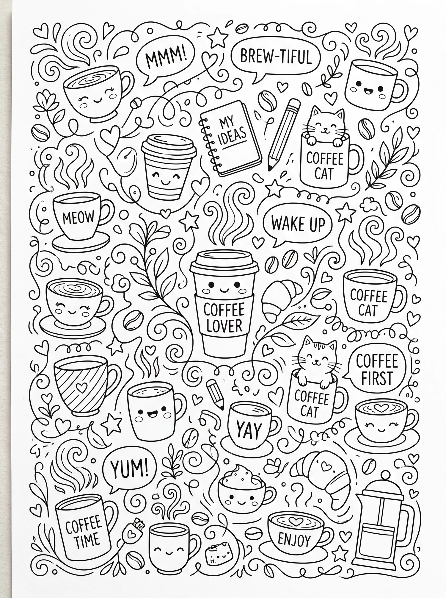 Doodles Amoureux de Café, Coloriage art à imprimer gratuitement